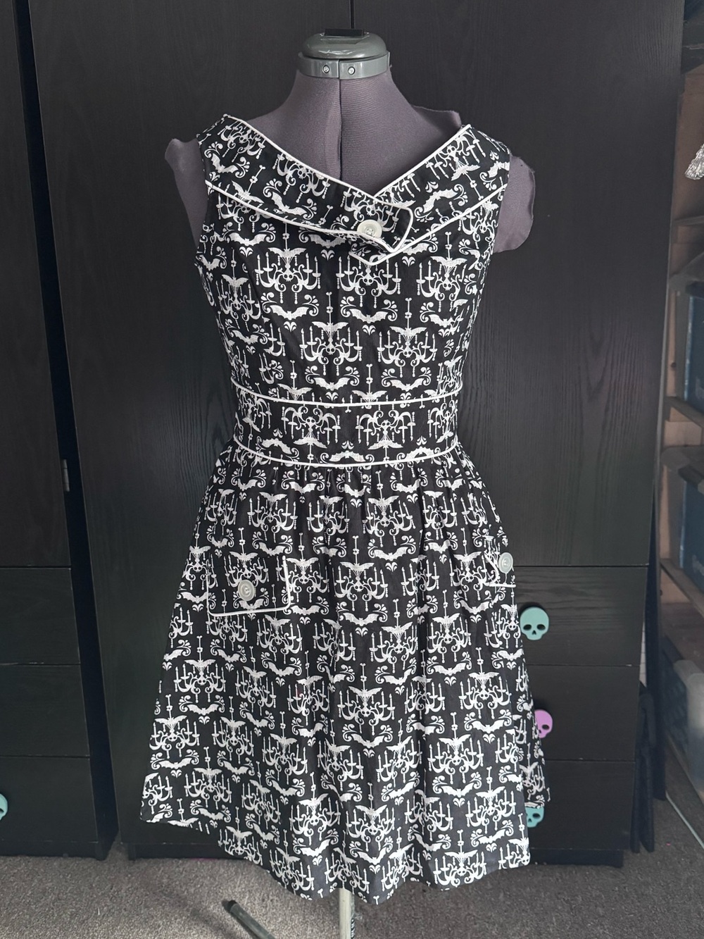 Vintage-Inspired Black & White Chandelier Print Midi Dress